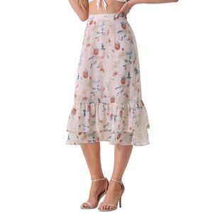 Printed Chiffon Elastic Waist Ruffle Tiered Midi Skirt Light Pink-Floral